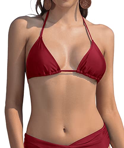 SHEKINI Damen Bikini Top Sliding Klassischer Triangel Rückenfrei Verstellbarer Ties Up Bikinioberteil(S, Bikini Top -Weinrot) von SHEKINI