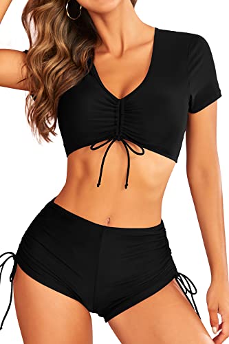 SHEKINI Damen Bikini Set Einfarbig V-Ausschnitt Bikinioberteil Kurzen Ärmeln mit Verstellbarer Boxershorts Zweiteiliger Badeanzug(M,Schwarz) von SHEKINI