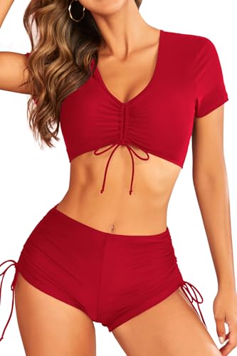 SHEKINI Damen Bikini Set Einfarbig V-Ausschnitt Bikinioberteil Kurzen Ärmeln mit Verstellbarer Boxershorts Zweiteiliger Badeanzug(S, Rot) von SHEKINI