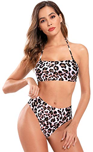 SHEKINI Damen Bikini Set Elegant Bandeau Verstellbarer Bikini Oberteil Zweiteiliger Badeanzug High Waist Bauchweg Bikinihose Bademode (Leopard Druck, M) von SHEKINI