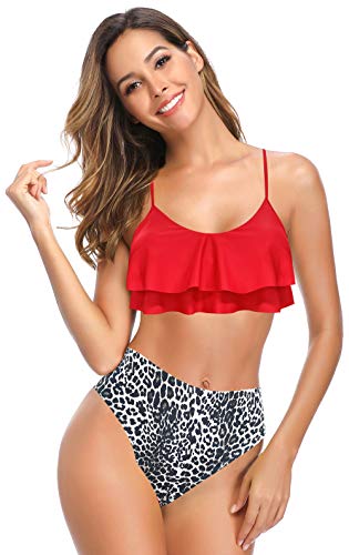 SHEKINI Damen Bikini-Set Elegant Rüschen Verstellbarer Schultergurt Rückenfrei Bikinioberteil Zweiteiliger Badeanzug Gedruckt High Waist Bikinihose Bauchkontrolle Bademode(M,Rot Y) von SHEKINI