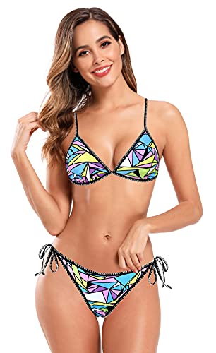 SHEKINI Damen Bikini Set Gedruckt Rückenfrei Ties up Triangel Bikinioberteil Zweiteiliger Badeanzug Verstellbar Niedrige Taille Bikinihose Strandkleidung(XL,Geometrie) von SHEKINI