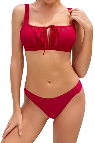 SHEKINI Damen Bikini-Set Geraffte Kordelzug Schnürung up Verstellbarer Schultergurt Neckholder Bikinioberteil Zweiteiliger Badeanzug Niedrig Tailliert Triangel Bikinihose (S, Ahornblattrot) von SHEKINI