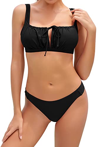 SHEKINI Damen Bikini-Set Geraffte Kordelzug Schnürung up Verstellbarer Schultergurt Neckholder Bikinioberteil Zweiteiliger Badeanzug Niedrig Tailliert Triangel Bikinihose (L, Schwarz) von SHEKINI