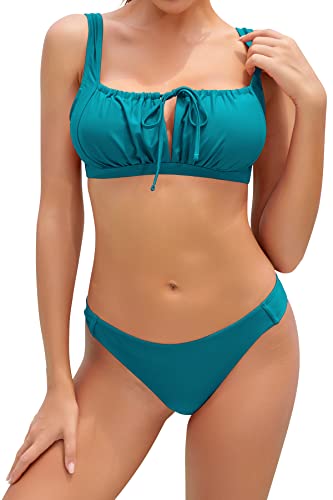 SHEKINI Damen Bikini-Set Geraffte Kordelzug Schnürung up Verstellbarer Schultergurt Neckholder Bikinioberteil Zweiteiliger Badeanzug Niedrig Tailliert Triangel Bikinihose (S, Dunkelgrün) von SHEKINI