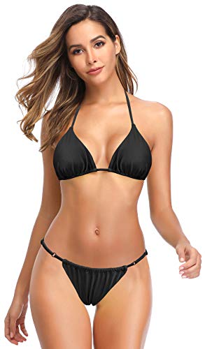 SHEKINI Damen Bikini-Set Klassischer Rückenfrei Sexy Kleine Tasse Triangel Verstellbarer Bikinioberteil Zweiteiliger Badeanzug Tanga Niedrige Taille Bikinihose Strandbikini (Schwarz, M) von SHEKINI