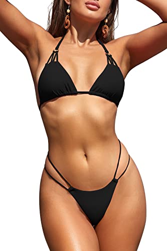 SHEKINI Damen Bikini-Set Klassischer Rückenfrei Sexy ​Triangel Verstellbarer Bikinioberteil Zweiteiliger Badeanzug Tanga Niedrige Taille Bikinihose Strandbikini （M,Schwarz-A von SHEKINI