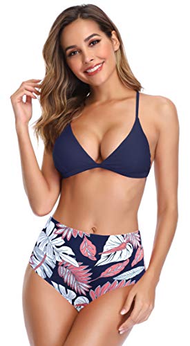 SHEKINI Damen Bikini Set Klassischer Triangel BH Zweiteiliger Mankini Rückenfrei Bademode High Cut Schwarz Bikinihosen Brazilian (L, Blumen-blau) von SHEKINI