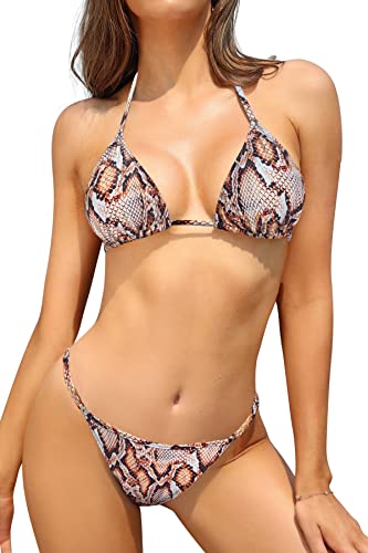 SHEKINI Damen Bikini Set Klassischer Triangel Rückenfrei Bikinioberteil Verstellbare Bademode Brasilianer Niedrige Taille Tanga Bikinihose Zweiteiliger Badeanzug(L,Braunes Schlangenmuster) von SHEKINI