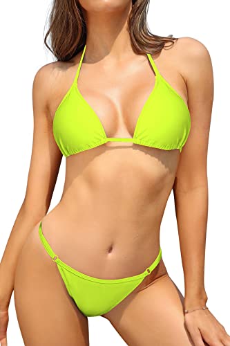 SHEKINI Damen Bikini Set Klassischer Triangel Rückenfrei Bikinioberteil Verstellbare Bademode Brasilianer Niedrige Taille Tanga Bikinihose Zweiteiliger Badeanzug(L,Fluoreszierendes Gelb) von SHEKINI