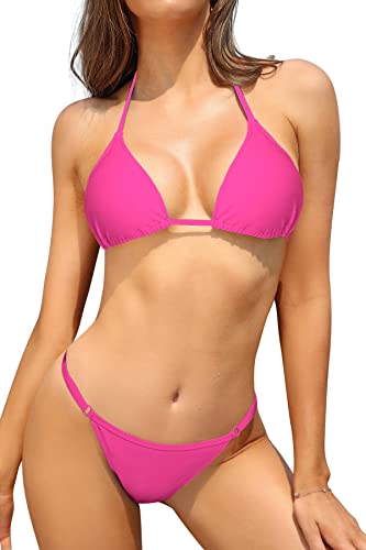 SHEKINI Damen Bikini Set Klassischer Triangel Rückenfrei Bikinioberteil Verstellbare Bademode Brasilianer Niedrige Taille Tanga Bikinihose Zweiteiliger Badeanzug(L,Fluoreszierendes Rosa) von SHEKINI
