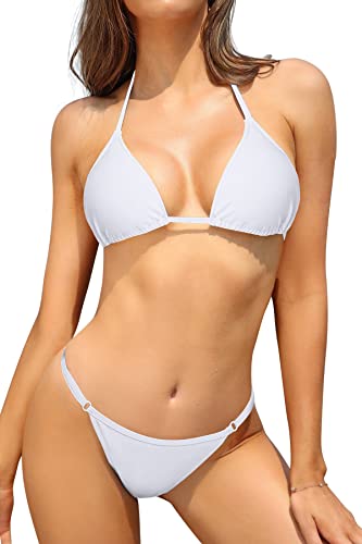 SHEKINI Damen Bikini Set Klassischer Triangel Rückenfrei Bikinioberteil Verstellbare Bademode Brasilianer Niedrige Taille Tanga Bikinihose Zweiteiliger Badeanzug(M,Weiß B) von SHEKINI