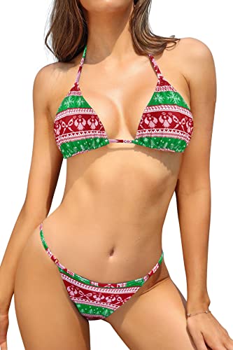 SHEKINI Damen Bikini Set Klassischer Triangel Rückenfrei Bikinioberteil Verstellbare Bademode Brasilianer Niedrige Taille Tanga Bikinihose Zweiteiliger Badeanzug（S, Elk Stripes ML） von SHEKINI