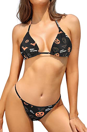 SHEKINI Damen Bikini Set Klassischer Triangel Rückenfrei Bikinioberteil Verstellbare Bademode Brasilianer Niedrige Taille Tanga Bikinihose Zweiteiliger Badeanzug（S, Kürbis HDN） von SHEKINI