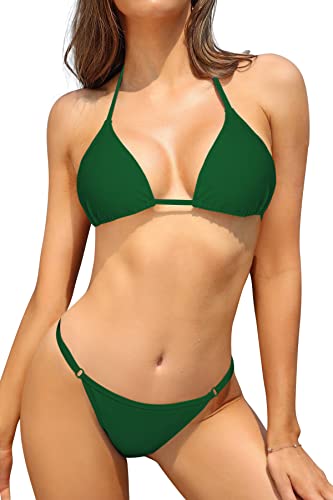 SHEKINI Damen Bikini Set Klassischer Triangel Rückenfrei Bikinioberteil Verstellbare Bademode Brasilianer Niedrige Taille Tanga Bikinihose Zweiteiliger Badeanzug(S,Grün) von SHEKINI