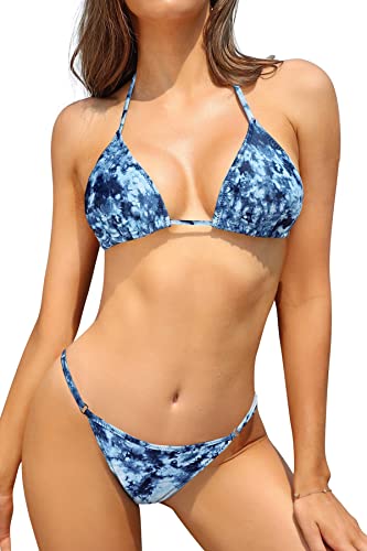 SHEKINI Damen Bikini Set Klassischer Triangel Rückenfrei Bikinioberteil Verstellbare Bademode Brasilianer Niedrige Taille Tanga Bikinihose Zweiteiliger Badeanzug(S,Muster Blau) von SHEKINI