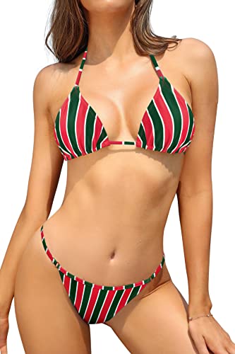 SHEKINI Damen Bikini Set Klassischer Triangel Rückenfrei Bikinioberteil Verstellbare Bademode Brasilianer Niedrige Taille Tanga Bikinihose Zweiteiliger Badeanzug（S,Weihnachtsstreifen SD von SHEKINI