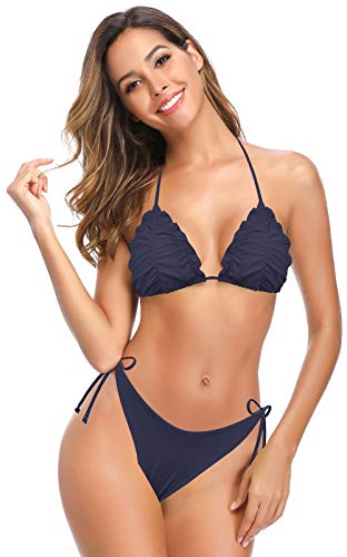 SHEKINI Bikini Set Klassischer Verstellbare Damen Bikinioberteil Zweiteiliger Rückenfrei Badeanzug Triangel Bikinihose(XL,Azul Oscuro) von SHEKINI