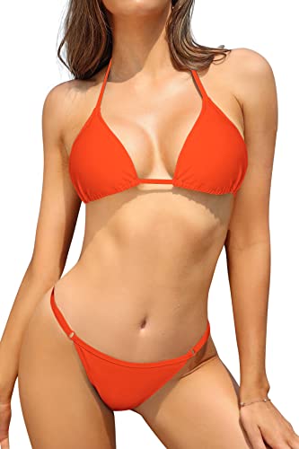 SHEKINI Damen Bikini Set Klassischer Triangel Rückenfrei Bikinioberteil Verstellbare Bademode Brasilianer Niedrige Taille Tanga Bikinihose Zweiteiliger Badeanzug(XS,Fluoreszierende Orange) von SHEKINI