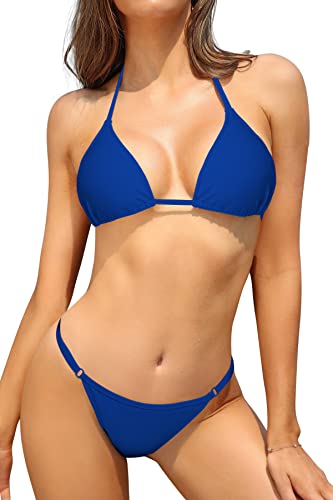 SHEKINI Damen Bikini Set Klassischer Triangel Rückenfrei Bikinioberteil Verstellbare Bademode Brasilianer Niedrige Taille Tanga Bikinihose Zweiteiliger Badeanzug(S,Königsblau) von SHEKINI