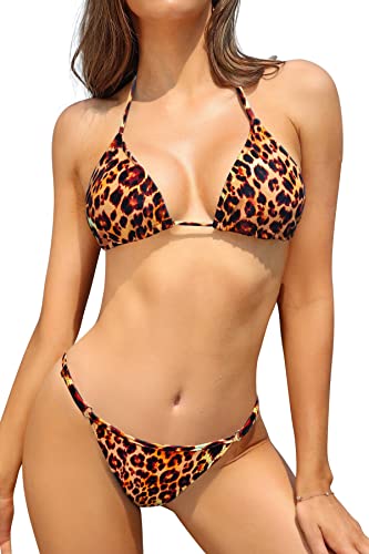 SHEKINI Damen Bikini Set Klassischer Triangel Rückenfrei Bikinioberteil Verstellbare Bademode Brasilianer Niedrige Taille Tanga Bikinihose Zweiteiliger Badeanzug(S,Leopard-b) von SHEKINI