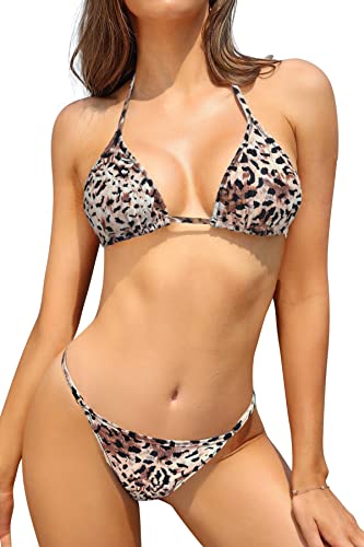 SHEKINI Damen Bikini Set Klassischer Triangel Rückenfrei Bikinioberteil Verstellbare Bademode Brasilianer Niedrige Taille Tanga Bikinihose Zweiteiliger Badeanzug(L,Metall Leopard) von SHEKINI