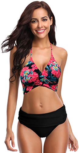 SHEKINI Damen Bikini Set Neckholder Push Up Oberteil Große Brüste Mit High Waist Bikinihosen Bottom Sport Zweiteiliger Geteilter Badeanzug von SHEKINI