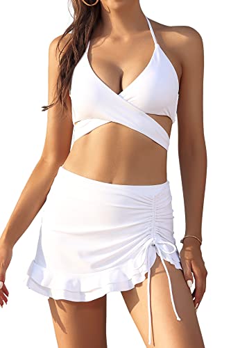 SHEKINI Damen Bikini Set Neckholder Tiefer V Ausschnitt Verstellbarer Bikinioberteil Zweiteiliger Badeanzug mit Rüschen Kordelzug Schwimmrock (L, Weiß) von SHEKINI