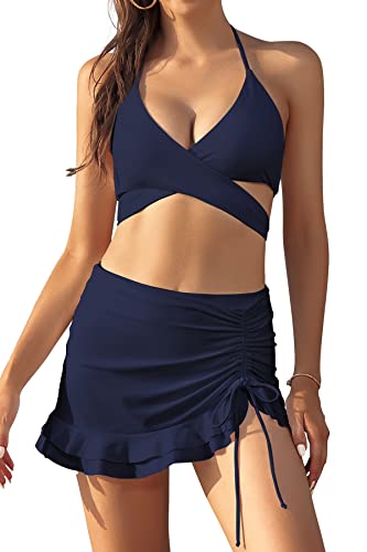 SHEKINI Damen Bikini Set Neckholder Tiefer V Ausschnitt Verstellbarer Bikinioberteil Zweiteiliger Badeanzug mit Rüschen Kordelzug Schwimmrock (S, Dunkelblau) von SHEKINI