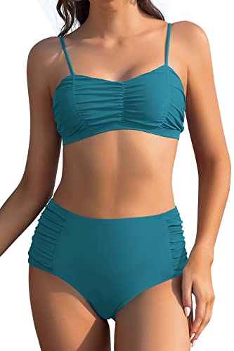 SHEKINI Damen Bikini Set Verstellbarer Schultergurt Retro Bandeau Ruched Bikinioberteil Zweiteiliger Badeanzug High Waist Bauchweg Bikinihose Bademode（L，Grün + Druck） von SHEKINI