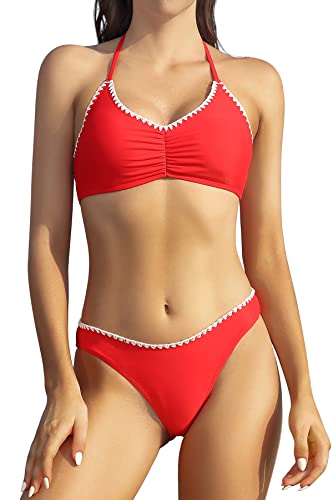 SHEKINI Damen Bikini Set U-Ausschnitt Push Up Neckholder Rückenfrei Bikinioberteil Zweiteiliger Badeanzug mit Triangel Bikinihose Bademode (S,Rot) von SHEKINI