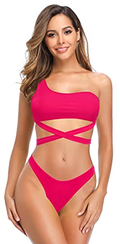 SHEKINI Damen Bikini Set One Shoulder Crossover Schnürung Bandeau Bikinioberteil Badeanzug Low Waist Triangel Bikinihose Bademode von SHEKINI