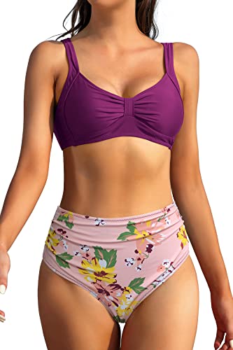 SHEKINI Damen Bikini Set Push Up Sport Weste Bikinioberteil Retro Zweiteiliger Badeanzug mit High Waist Bauchweg Bikinihose Bademode （L,Violett von SHEKINI