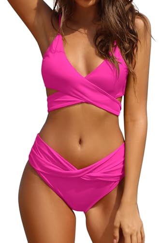 SHEKINI Damen Bikini Set Push Up Verstellbar Crossover Ties-up Neckholder Bikinioberteil Zweiteiliger Badeanzug Triangel Ruched Sport Slip Bikinihose Strandkleidung(S,Fluoreszierendes Rosa) von SHEKINI