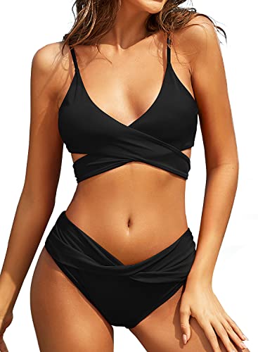 SHEKINI Damen Bikini Set Push Up Verstellbar Crossover Ties-up Neckholder Bikinioberteil Zweiteiliger Badeanzug Triangel Ruched Sport Slip Bikinihose Strandkleidung(XXL,Schwarz) von SHEKINI