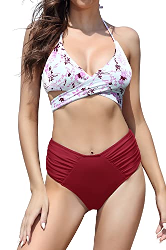 SHEKINI Damen Bikini Set Push up Crossover Verstellbar Gedruckt Bikinioberteil Elegant Neckholder Zweiteiliger Badeanzug mit Ruched Hohe Taille Bikinihose (L, Weinrot) von SHEKINI