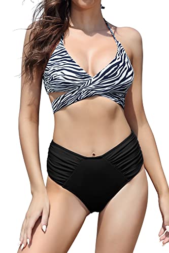 SHEKINI Damen Bikini Set Push up Crossover Verstellbar Gedruckt Bikinioberteil Elegant Neckholder Zweiteiliger Badeanzug mit Ruched Hohe Taille Bikinihose (XL, Schwarz) von SHEKINI