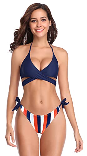 SHEKINI Damen Bikini Set Push up Verstellbar Crossover Ties-up Neckholder Bikini Oberteil Zweiteiliger Badeanzug Triangel Gedruckt Niedrige Taille Bikinihose Strandkleidung（S, Dunkelblau YB） von SHEKINI