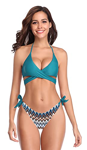 SHEKINI Damen Bikini Set Push up Verstellbar Crossover Ties-up Neckholder Bikini Oberteil Zweiteiliger Badeanzug Triangel Gedruckt Niedrige Taille Bikinihose Strandkleidung（XL, Dunkelgrün YB） von SHEKINI