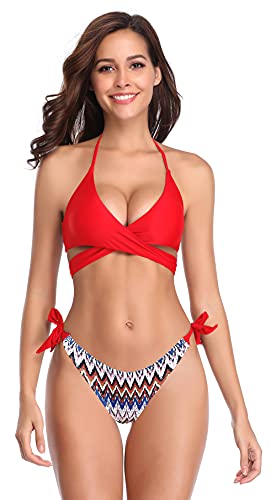 SHEKINI Damen Bikini Set Push up Verstellbar Crossover Ties-up Neckholder Bikini Oberteil Zweiteiliger Badeanzug Triangel Gedruckt Niedrige Taille Bikinihose Strandkleidung（XL, Rot YB） von SHEKINI