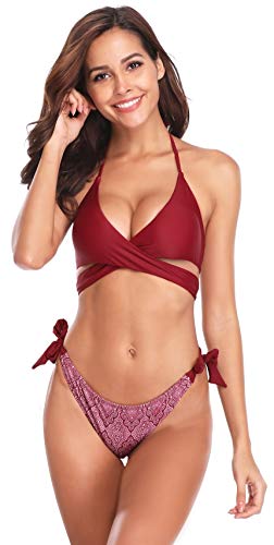 SHEKINI Damen Bikini Set Push up Verstellbar Crossover Ties-up Neckholder Bikini Oberteil Zweiteiliger Badeanzug Triangel Gedruckt Niedrige Taille Bikinihose Strandkleidung (XL, Weinrot-B) von SHEKINI