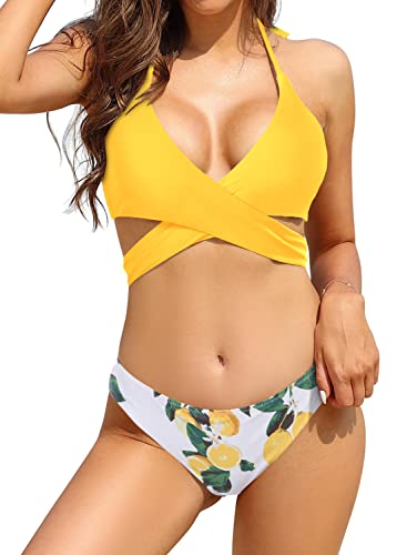 SHEKINI Damen Bikini Set Push up Verstellbar Crossover Ties-up Neckholder Bikini Oberteil Zweiteiliger Badeanzug Triangel Gedruckt Niedrige Taille Bikinihose Strandkleidung (XS, Gelb) von SHEKINI