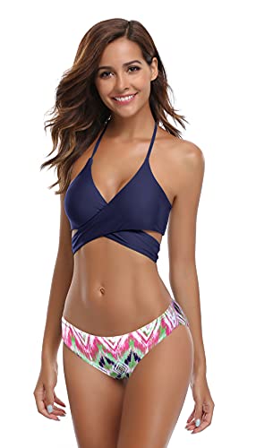 SHEKINI Damen Bikini Set Push up Verstellbar Crossover Ties-up Neckholder Bikini Oberteil Zweiteiliger Badeanzug Triangel Gedruckt Niedrige Taille Bikinihose Strandkleidung（S, Dunkelblau Y） von SHEKINI