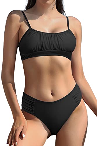 SHEKINI Damen Bikini Set Bandeau Verstellbar Bikinioberteil Elegant Zweiteiliger Badeanzug mit High Waist Bauchweg Triangel Bikinihose Bademode (L, B-schwarz) von SHEKINI