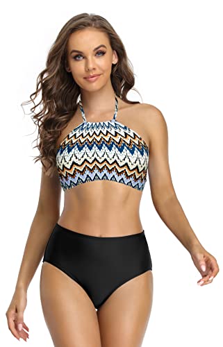 SHEKINI Damen Bikini Set Retro Gedruckt Hoher Hals Neckholder Bikinioberteil mit High Waist Bikinihose Elegant Zweiteiliger Badeanzug (S,Schwarz-D) von SHEKINI