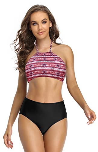 SHEKINI Damen Bikini Set Retro Gedruckt Hoher Hals Neckholder Bikinioberteil mit High Waist Bikinihose Elegant Zweiteiliger Badeanzug (S,Schwarz-Y) von SHEKINI