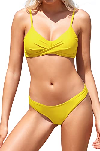 SHEKINI Damen Bikini Set Retro Twisted Niedriger Kragen Rückenfrei Bikinioberteil mit Niedrige Taille Triangel Bikinihose Elegant Zweiteiliger Badeanzug（M,Zitronengelb von SHEKINI