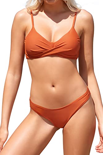 SHEKINI Damen Bikini Set Retro Twisted Niedriger Kragen Rückenfrei Bikinioberteil mit Niedrige Taille Triangel Bikinihose Elegant Zweiteiliger Badeanzug（S, Dunkelorange von SHEKINI