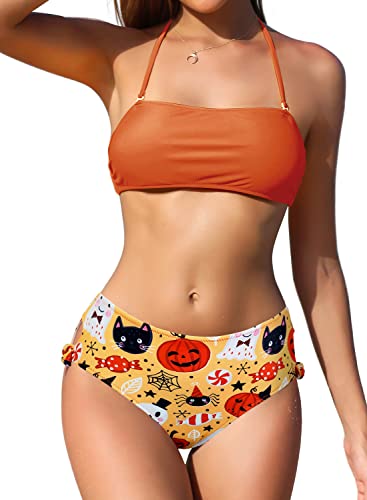 SHEKINI Damen Bikini Set Rückenfrei Bandeau Verstellbarer Neckholder Bikinioberteil Elegant Zweiteiliger Badeanzug Hohe Taille Bikinihose Bademode(L,Orange-Y) von SHEKINI