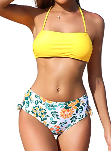 SHEKINI Damen Bikini Set Rückenfrei Bandeau Verstellbarer Neckholder Bikinioberteil Elegant Zweiteiliger Badeanzug Hohe Taille Bikinihose Bademode(Large, Blumen-Gelb) von SHEKINI